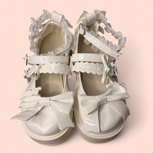 Coquette Women Pumps Platform Chunky Heel Wedge with bows, ruffle Straps Size 36